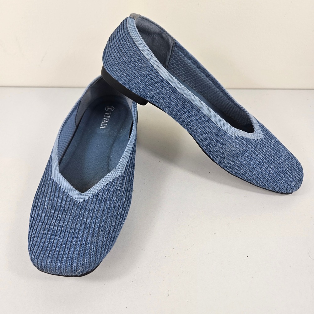 Vivaia Womens 5.5 Square-Toe Margot 2.0 V-Cut Ballet Flats Slip On Denim Blue
